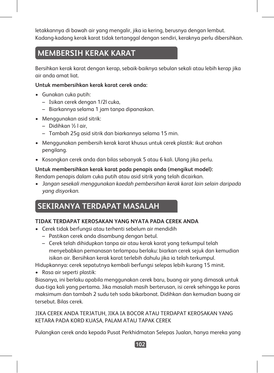 Membersih kerak karat, Sekiranya terdapat masalah | Tefal KI 230D30 Express II User Manual | Page 104 / 135