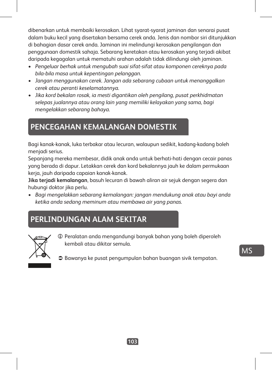 Pencegahan kemalangan domestik, Perlindungan alam sekitar | Tefal KI 230D30 Express II User Manual | Page 105 / 135