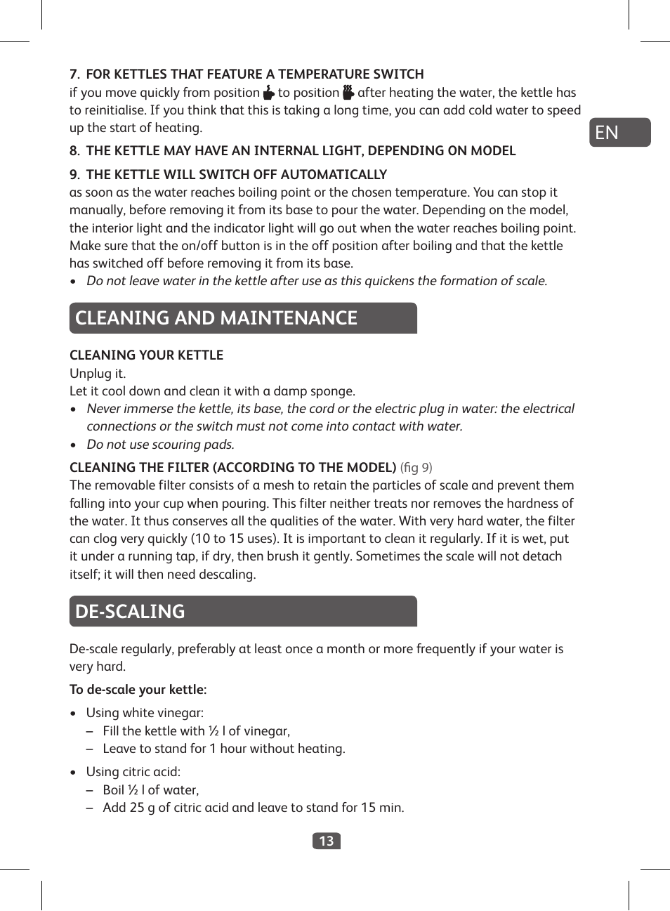 Cleaning and maintenance, De-scaling | Tefal KI 230D30 Express II User Manual | Page 15 / 135