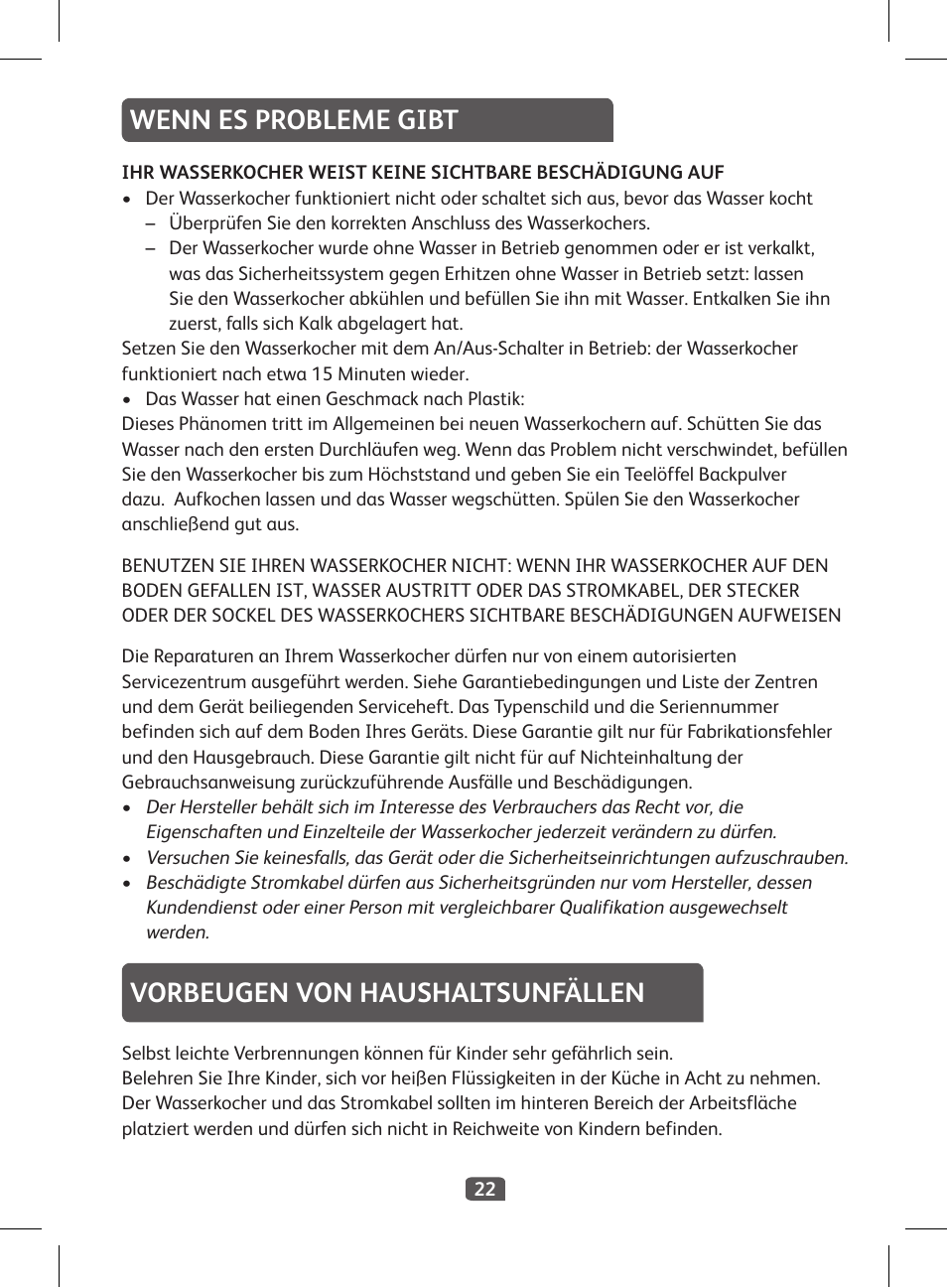 Wenn es probleme gibt, Vorbeugen von haushaltsunfällen | Tefal KI 230D30 Express II User Manual | Page 24 / 135
