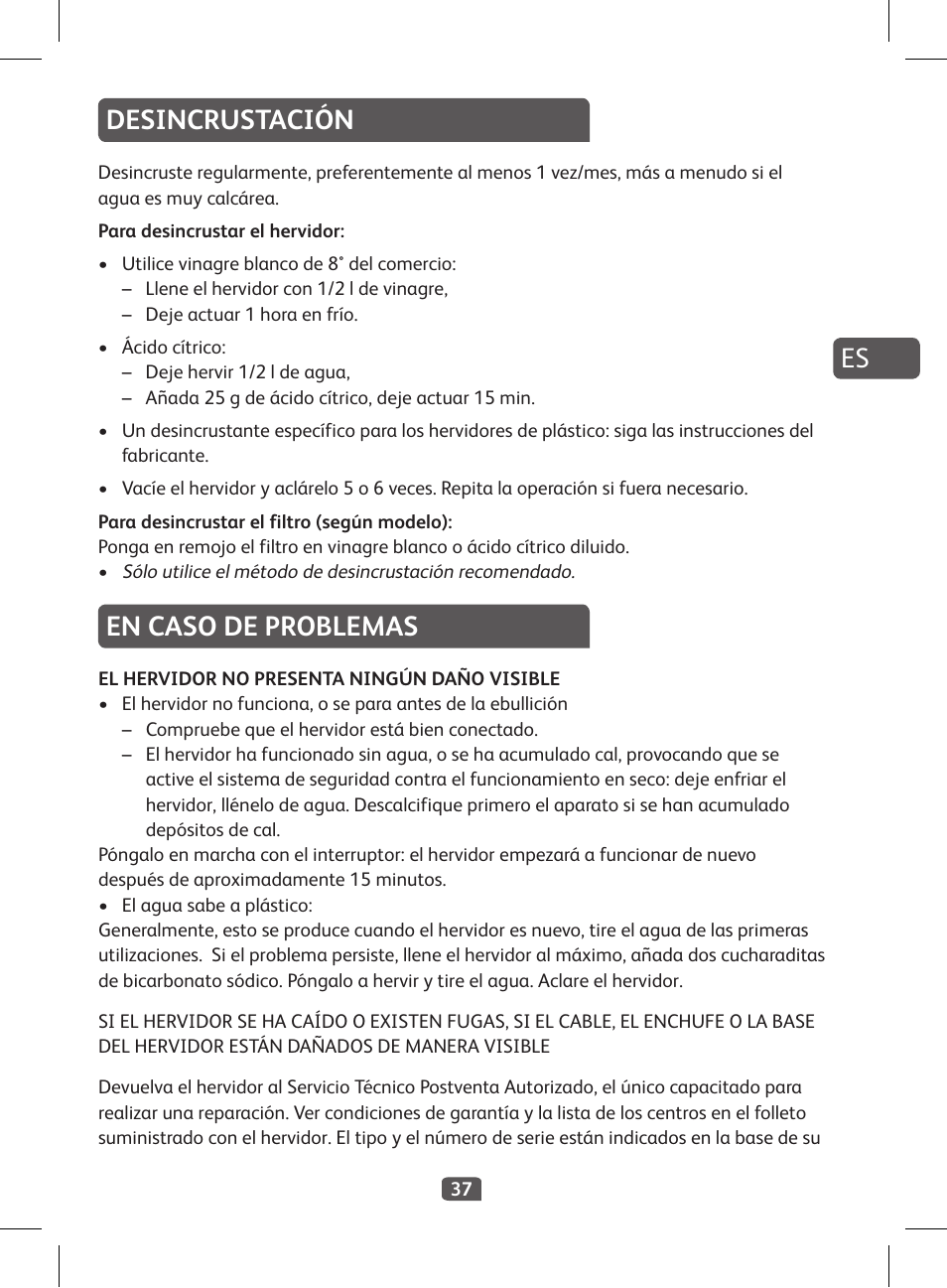 Desincrustación, En caso de problemas | Tefal KI 230D30 Express II User Manual | Page 39 / 135
