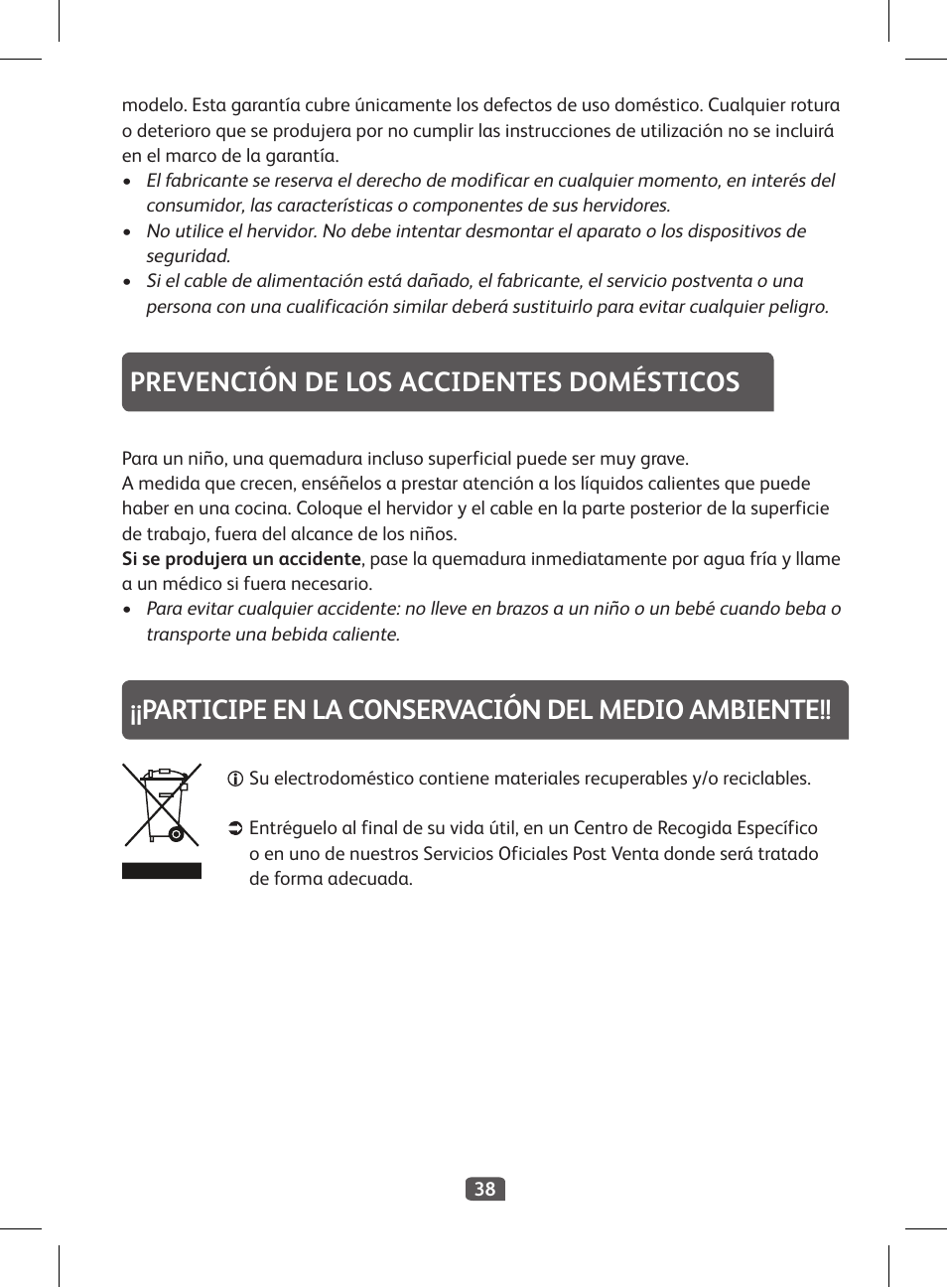 Prevención de los accidentes domésticos, Participe en la conservación del medio ambiente | Tefal KI 230D30 Express II User Manual | Page 40 / 135