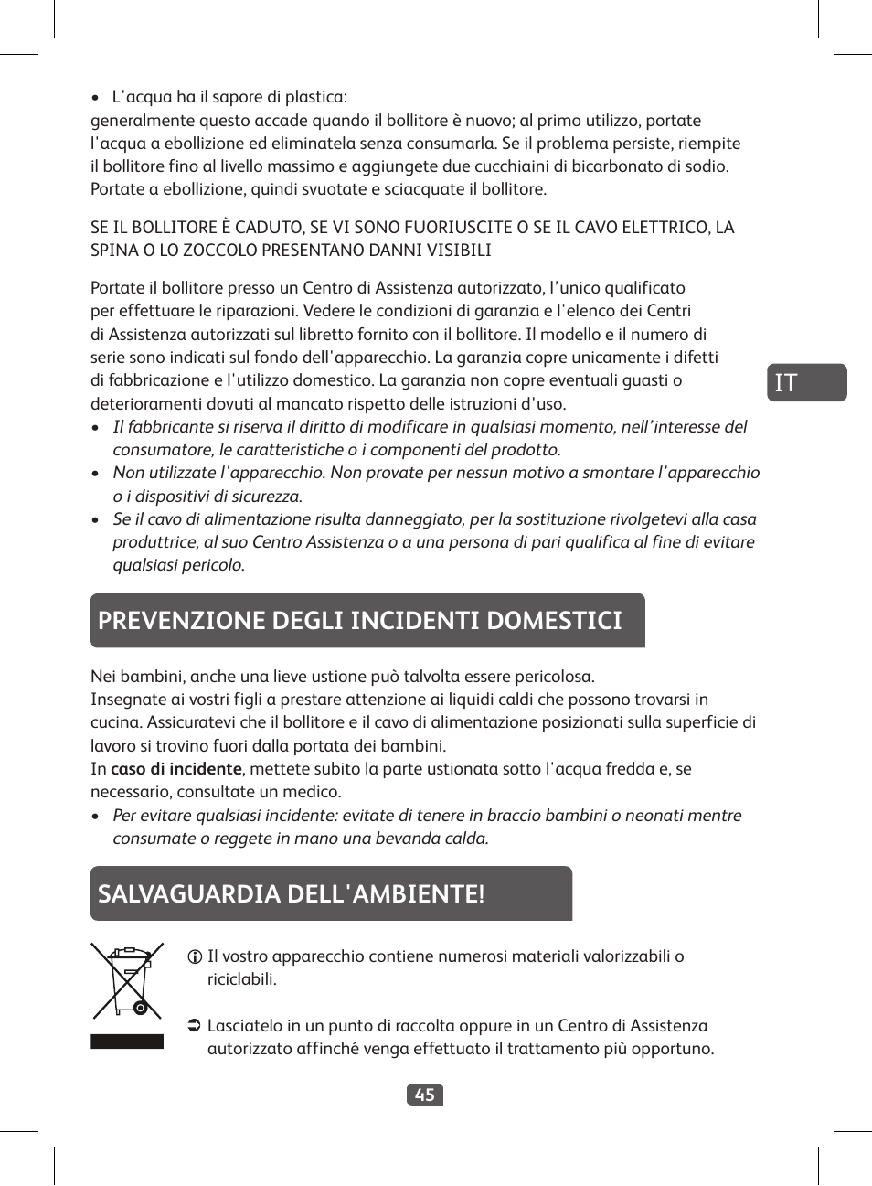 Prevenzione degli incidenti domestici, Salvaguardia dell'ambiente | Tefal KI 230D30 Express II User Manual | Page 47 / 135