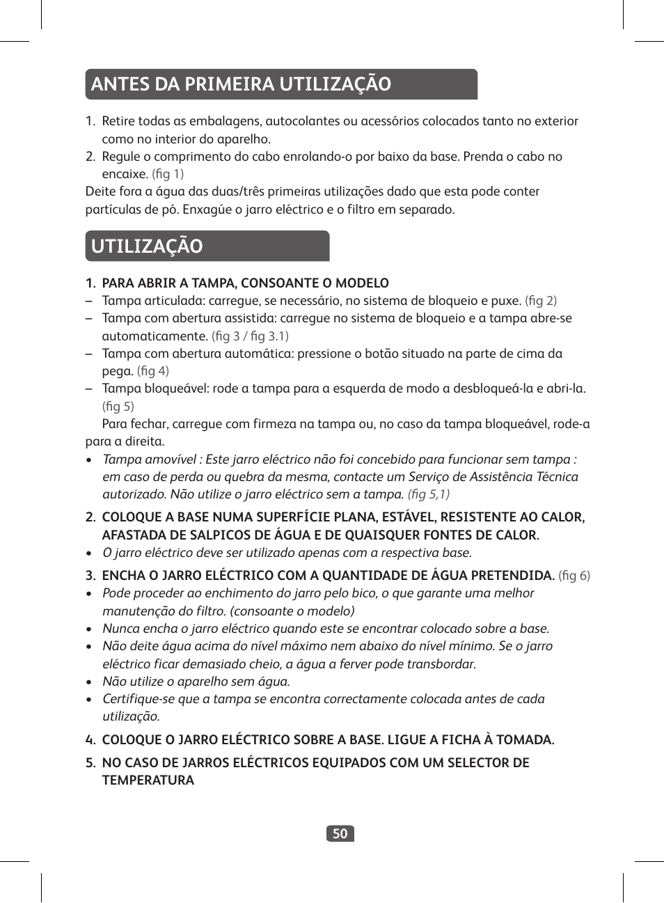 Antes da primeira utilização, Utilização | Tefal KI 230D30 Express II User Manual | Page 52 / 135
