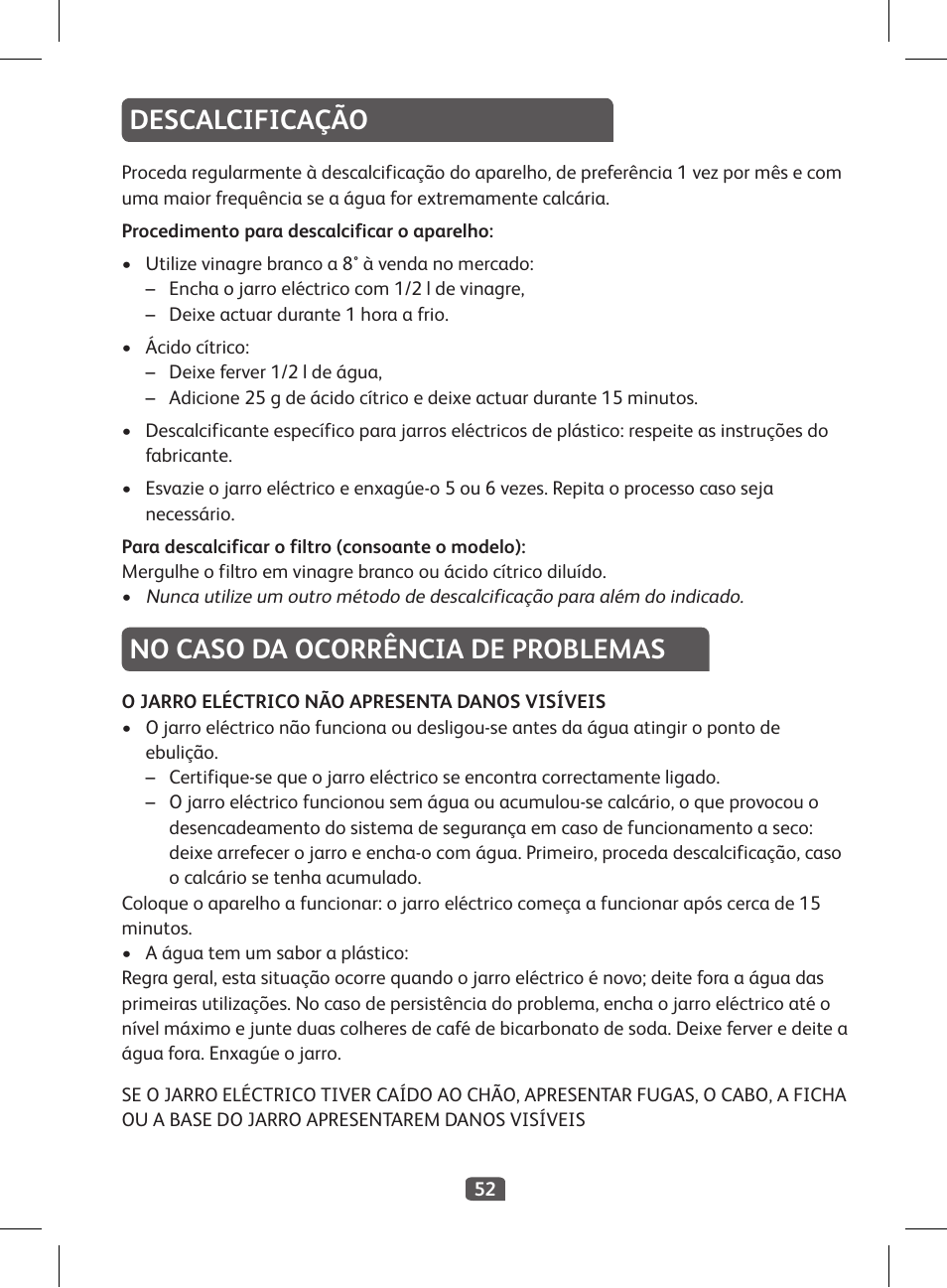 Descalcificação, No caso da ocorrência de problemas | Tefal KI 230D30 Express II User Manual | Page 54 / 135