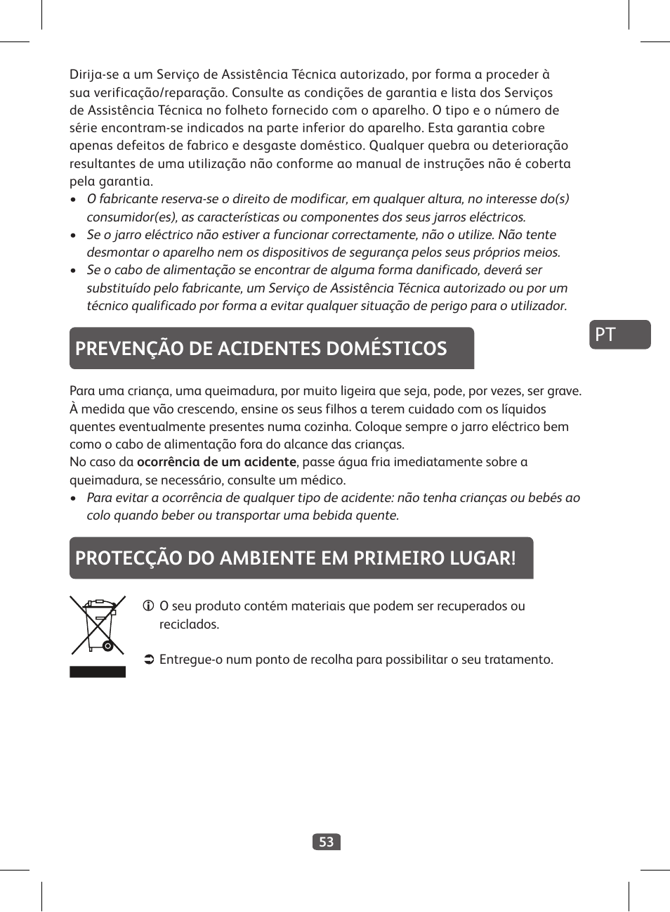 Prevenção de acidentes domésticos, Protecção do ambiente em primeiro lugar | Tefal KI 230D30 Express II User Manual | Page 55 / 135