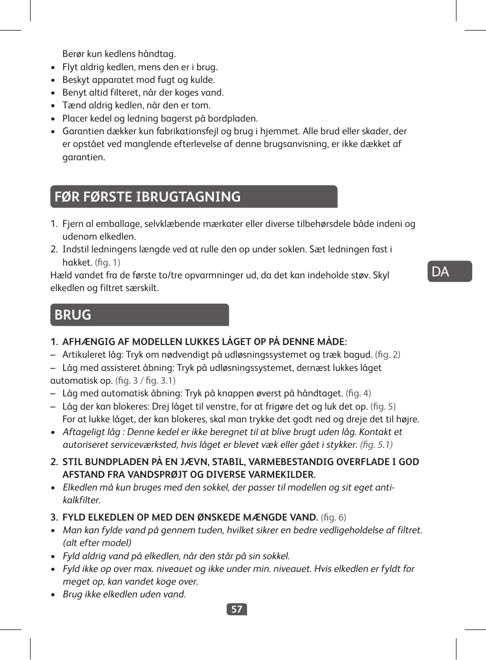 Før første ibrugtagning, Brug | Tefal KI 230D30 Express II User Manual | Page 59 / 135