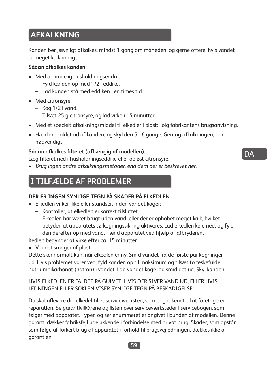 Afkalkning, I tilfælde af problemer | Tefal KI 230D30 Express II User Manual | Page 61 / 135