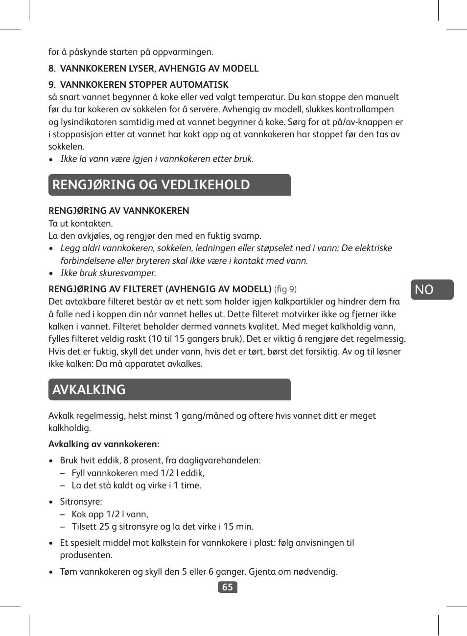 Rengjøring og vedlikehold, Avkalking | Tefal KI 230D30 Express II User Manual | Page 67 / 135
