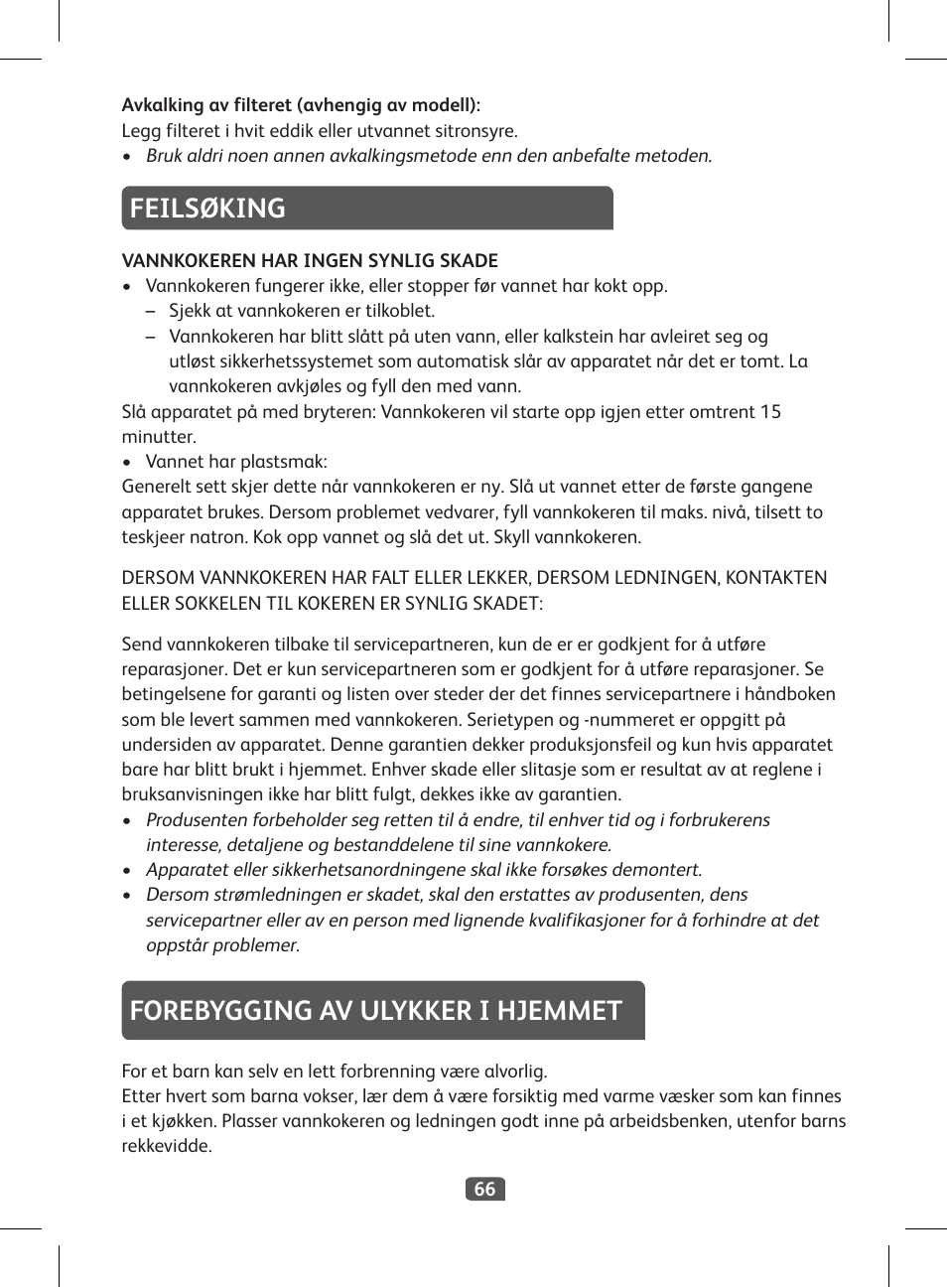 Feilsøking, Forebygging av ulykker i hjemmet | Tefal KI 230D30 Express II User Manual | Page 68 / 135