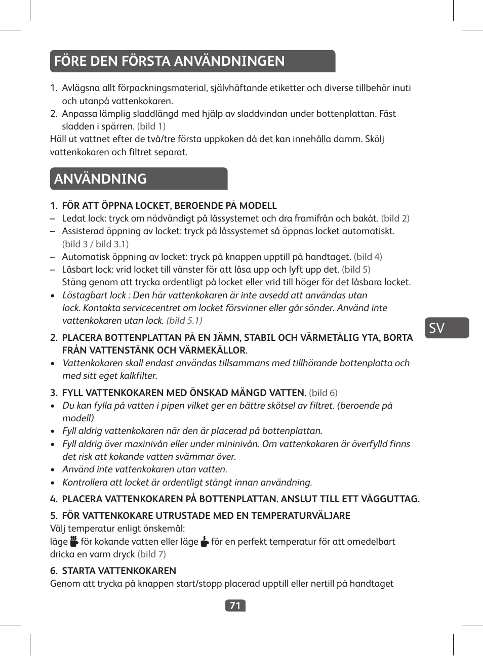 Före den första användningen, Användning | Tefal KI 230D30 Express II User Manual | Page 73 / 135