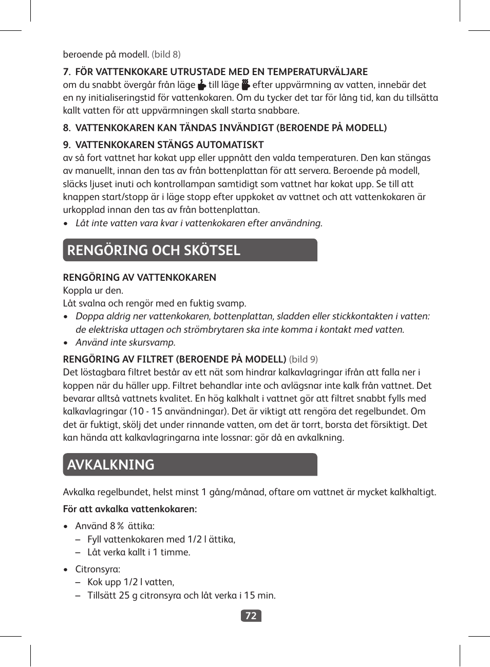 Rengöring och skötsel, Avkalkning | Tefal KI 230D30 Express II User Manual | Page 74 / 135