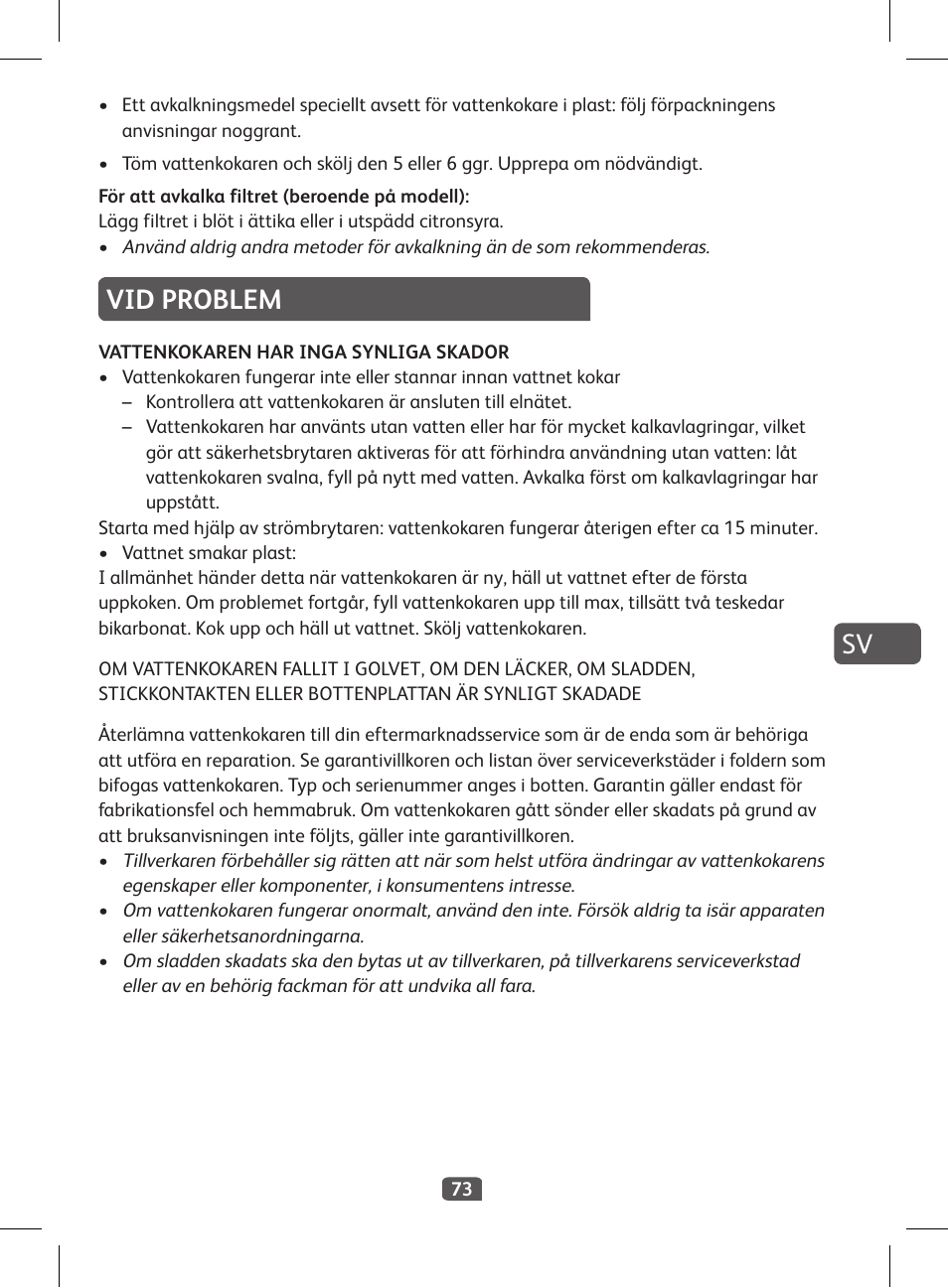 Vid problem | Tefal KI 230D30 Express II User Manual | Page 75 / 135