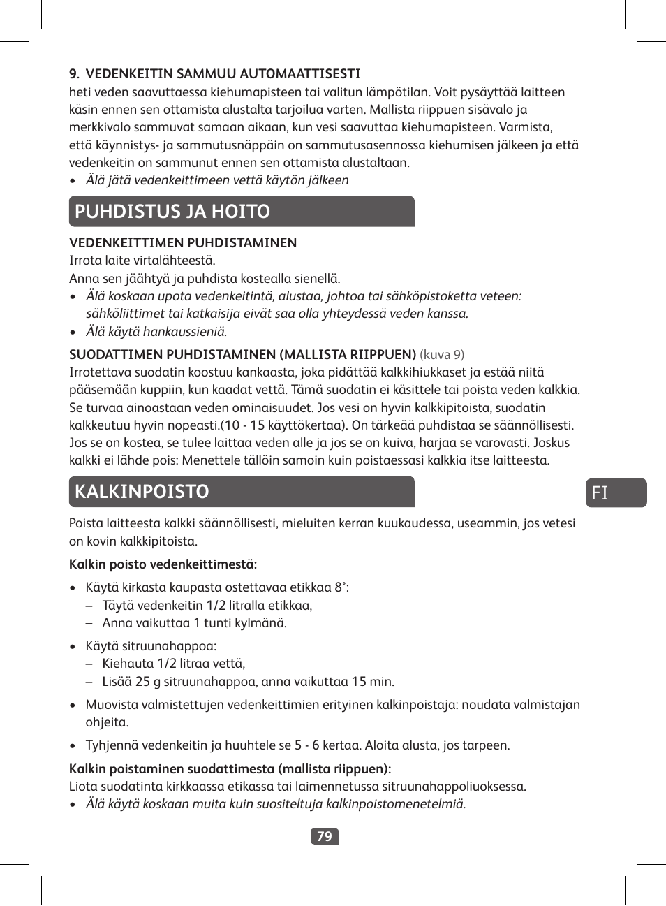 Puhdistus ja hoito, Kalkinpoisto | Tefal KI 230D30 Express II User Manual | Page 81 / 135