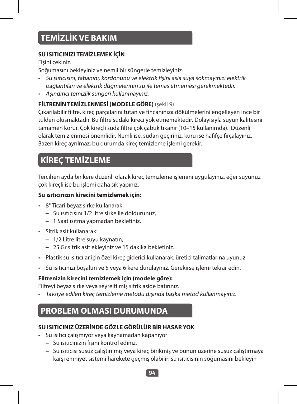 Kireç temizleme, Problem olmasi durumunda, Temizlik ve bakim | Tefal KI 230D30 Express II User Manual | Page 96 / 135