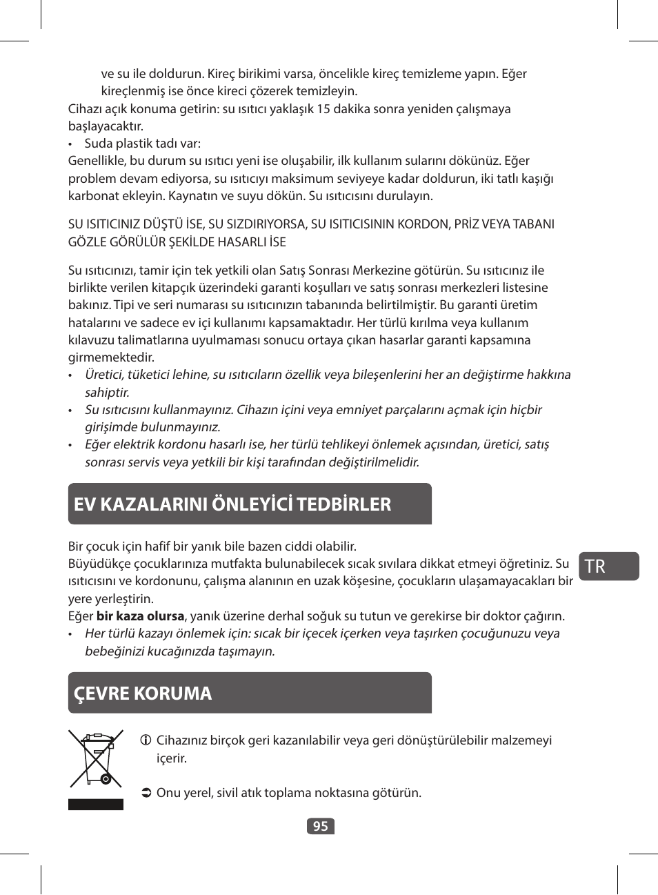 Ev kazalarini önleyici tedbirler, Çevre koruma | Tefal KI 230D30 Express II User Manual | Page 97 / 135