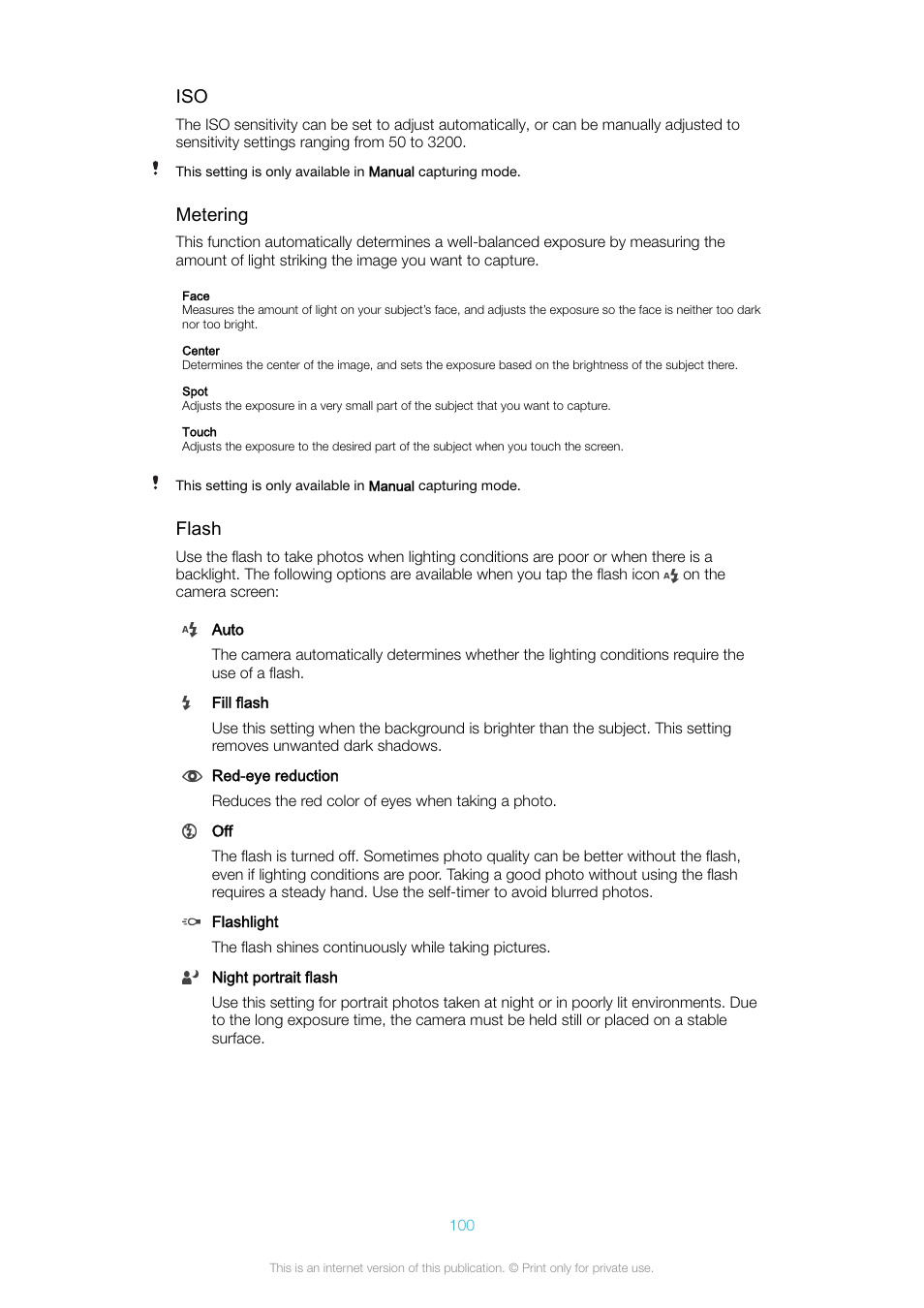 Metering, Flash | Sony Xperia XA1 User Manual | Page 100 / 130