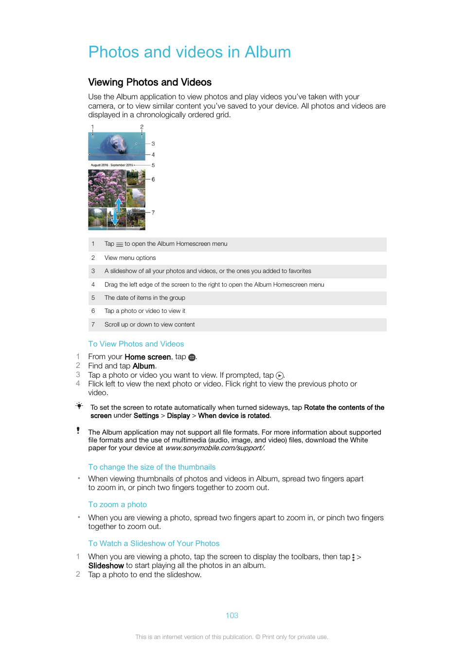 Photos and videos in album, Viewing photos and videos | Sony Xperia XA1 User Manual | Page 103 / 130