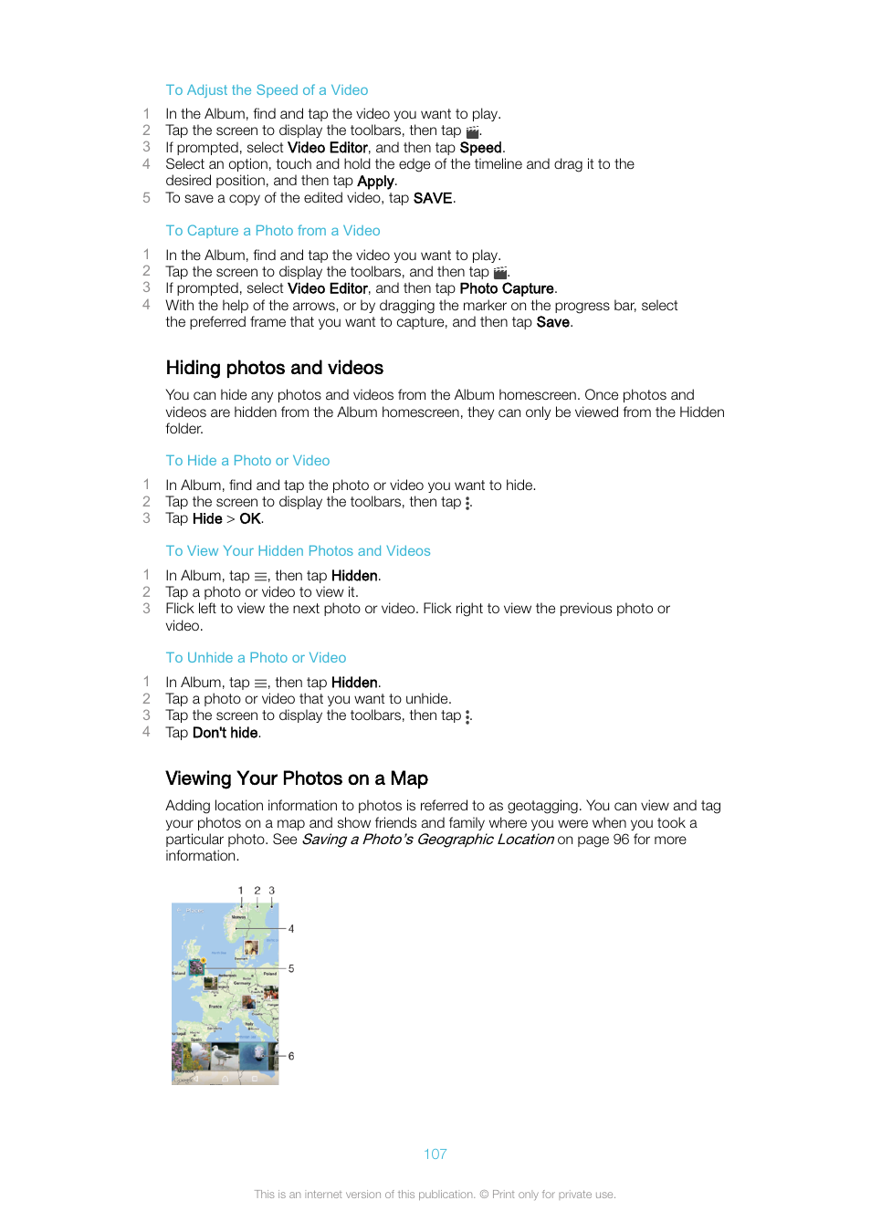 Hiding photos and videos, Viewing your photos on a map | Sony Xperia XA1 User Manual | Page 107 / 130