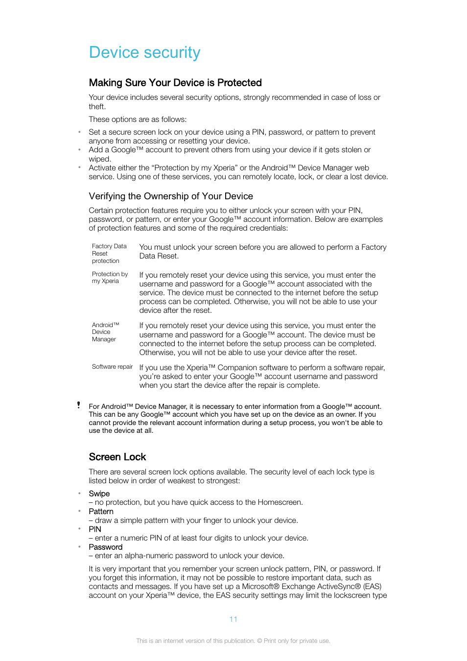 Device security, Making sure your device is protected, Screen lock | Making sure your device is protected screen lock | Sony Xperia XA1 User Manual | Page 11 / 130