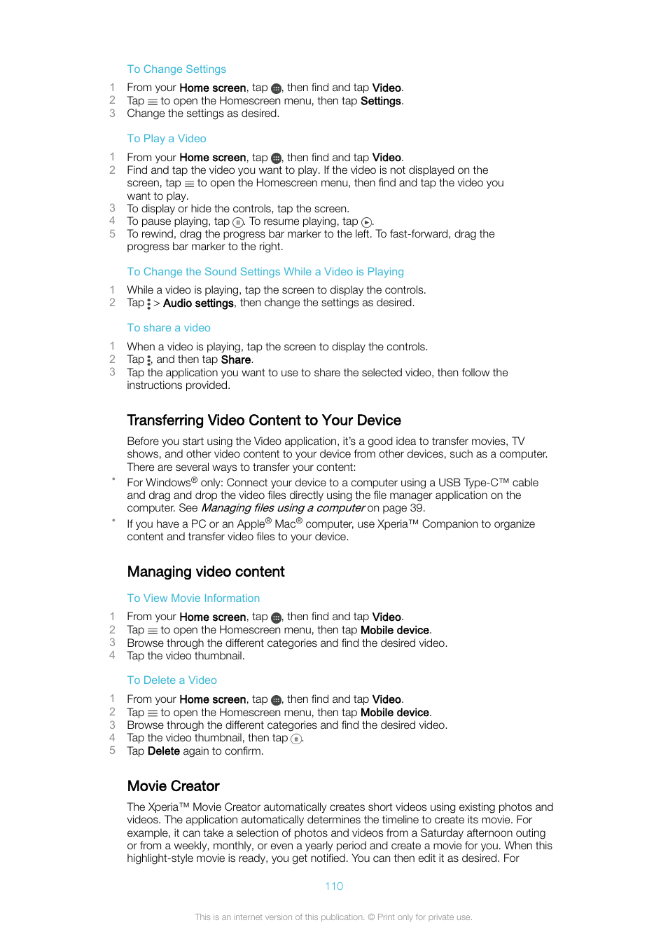 Transferring video content to your device, Managing video content, Movie creator | Sony Xperia XA1 User Manual | Page 110 / 130