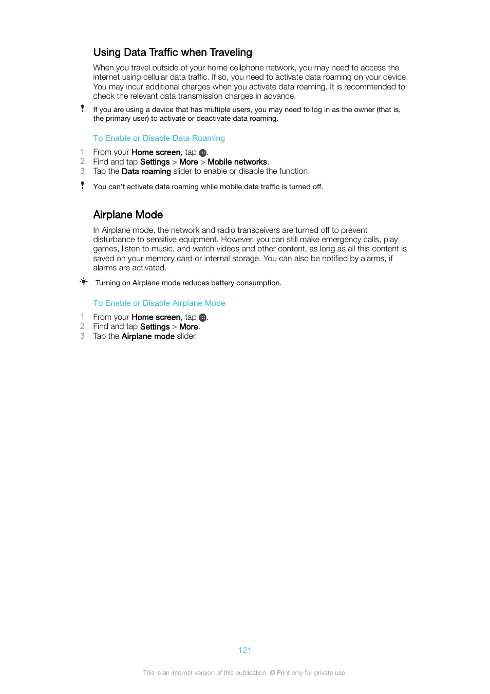 Using data traffic when traveling, Airplane mode, Using data traffic when traveling airplane mode | Sony Xperia XA1 User Manual | Page 121 / 130