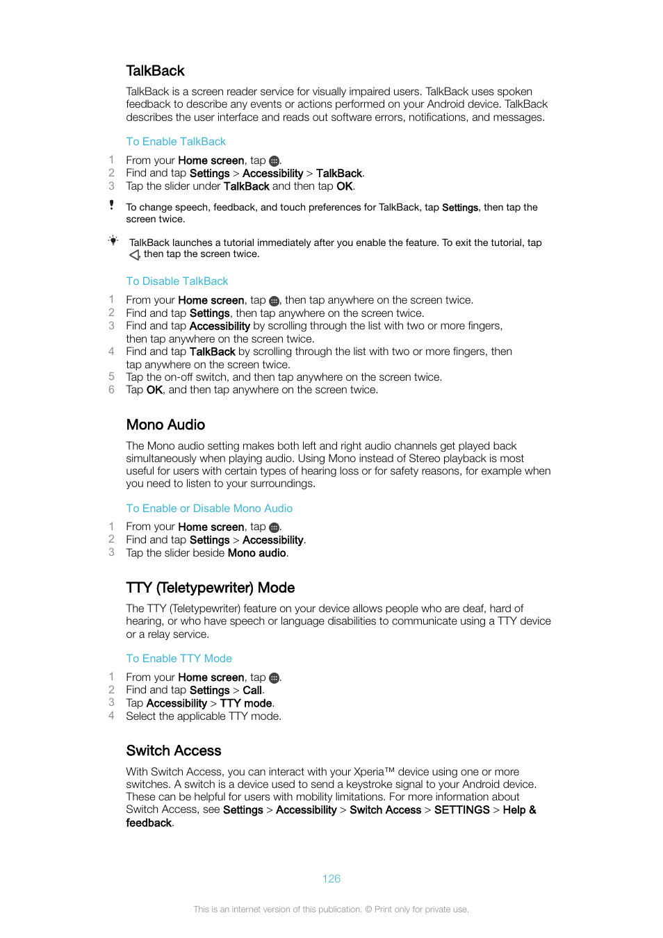 Talkback, Mono audio, Tty (teletypewriter) mode | Switch access | Sony Xperia XA1 User Manual | Page 126 / 130