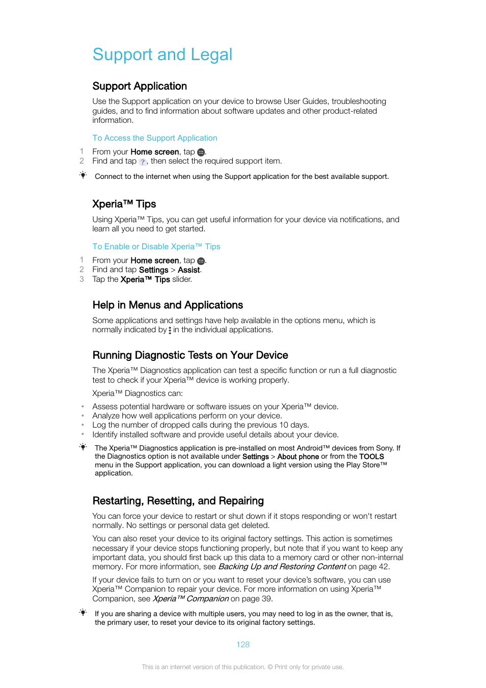 Support and legal, Support application, Xperia™‎ tips | Help in menus and applications, Running diagnostic tests on your device, Restarting, resetting, and repairing, Xperia™ tips | Sony Xperia XA1 User Manual | Page 128 / 130