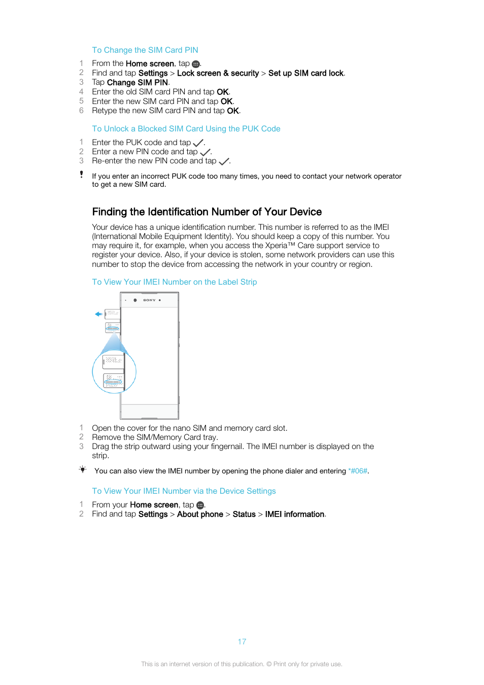 Finding the identification number of your device | Sony Xperia XA1 User Manual | Page 17 / 130