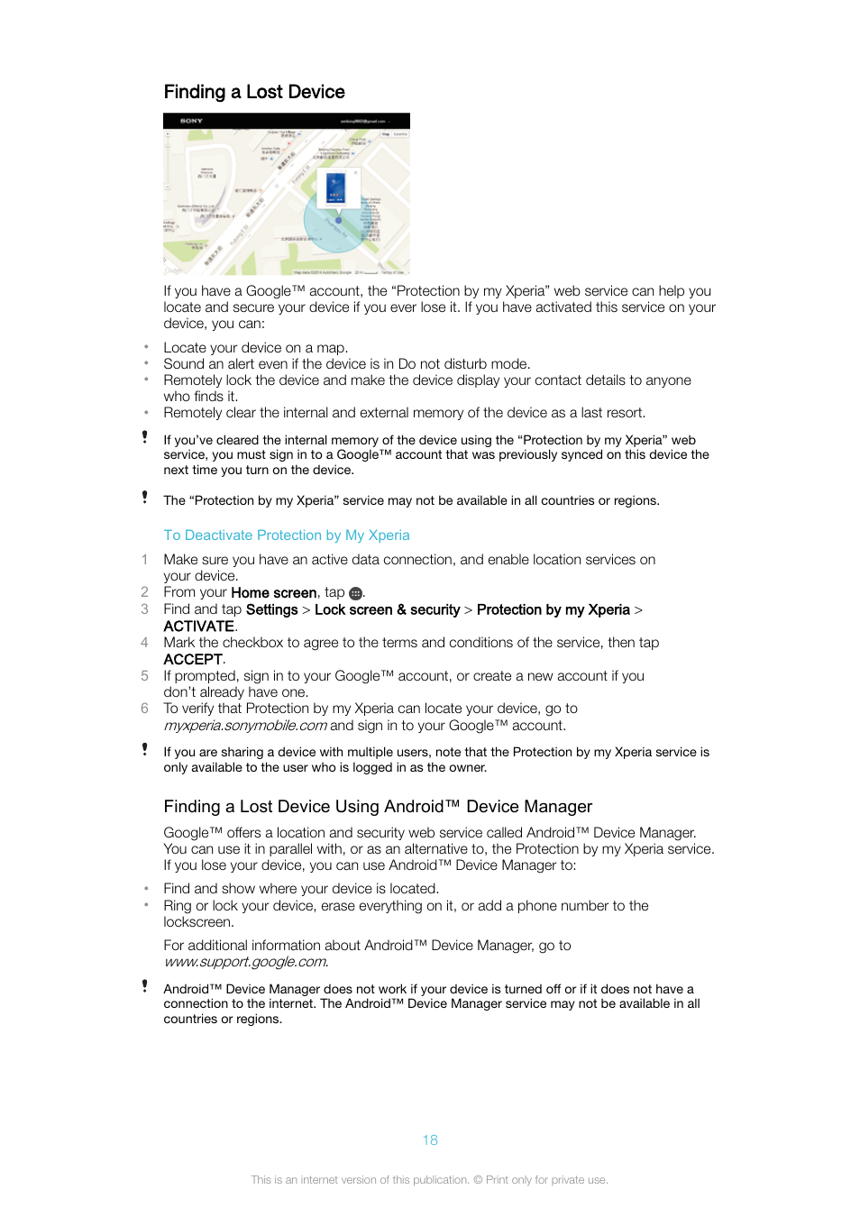 Finding a lost device | Sony Xperia XA1 User Manual | Page 18 / 130