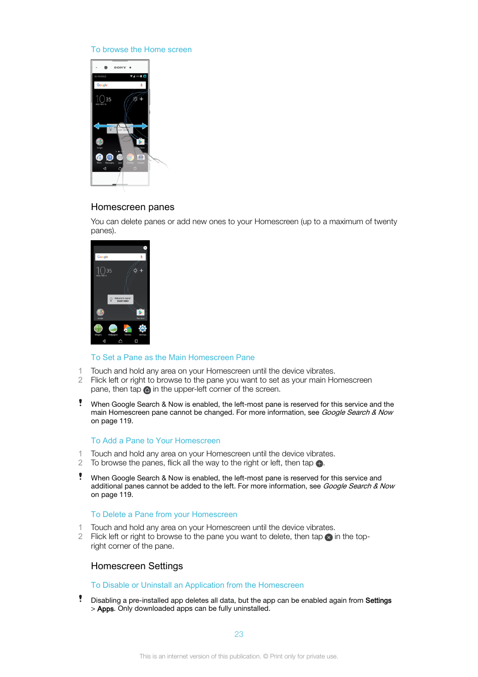 Homescreen panes, Homescreen settings | Sony Xperia XA1 User Manual | Page 23 / 130