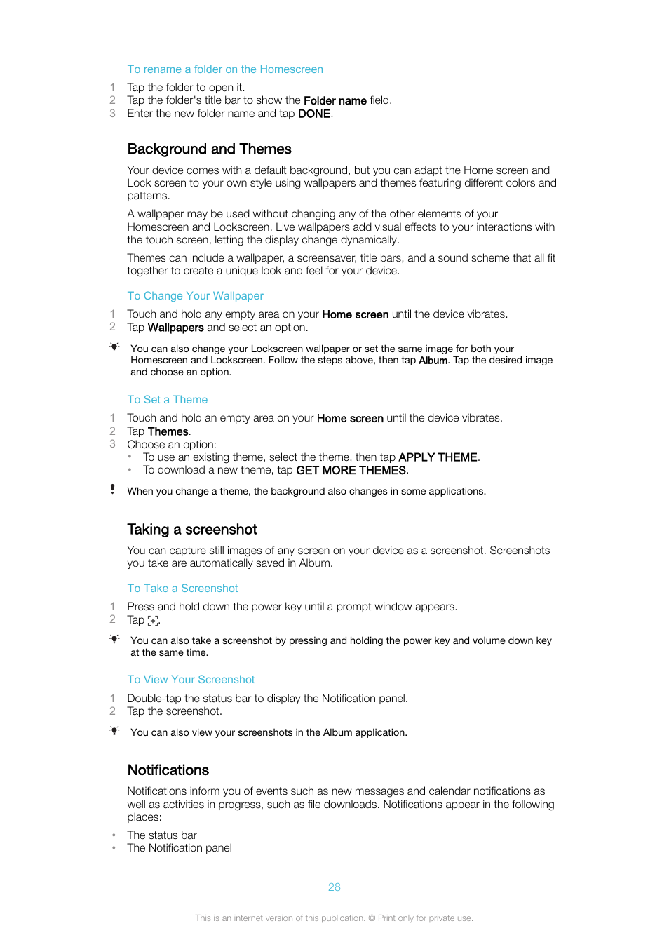 Background and themes, Taking a screenshot, Notifications | Sony Xperia XA1 User Manual | Page 28 / 130