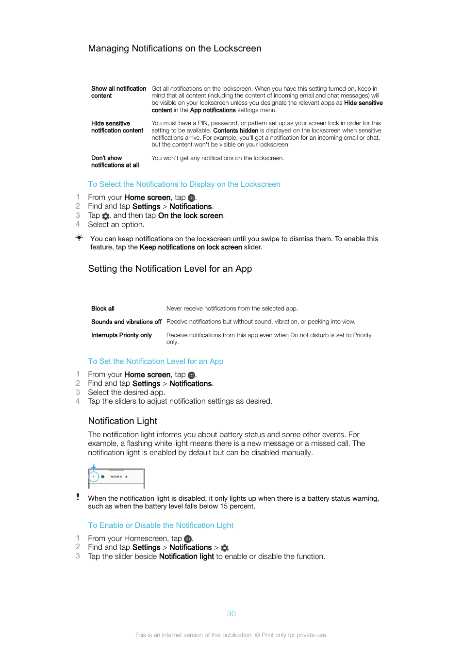 Managing notifications on the lockscreen, Setting the notification level for an app, Notification light | Sony Xperia XA1 User Manual | Page 30 / 130