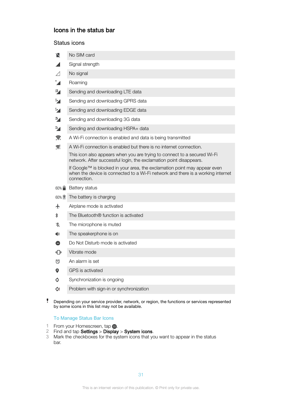 Icons in the status bar | Sony Xperia XA1 User Manual | Page 31 / 130