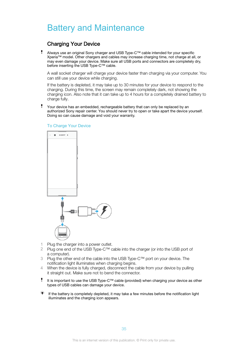 Battery and maintenance, Charging your device | Sony Xperia XA1 User Manual | Page 35 / 130