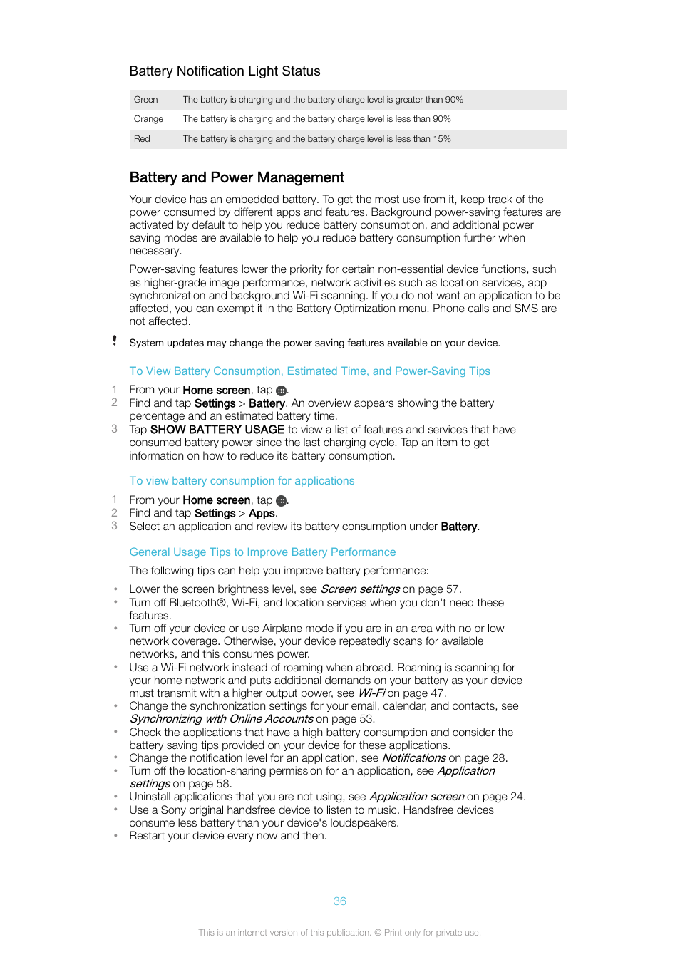 Battery and power management | Sony Xperia XA1 User Manual | Page 36 / 130