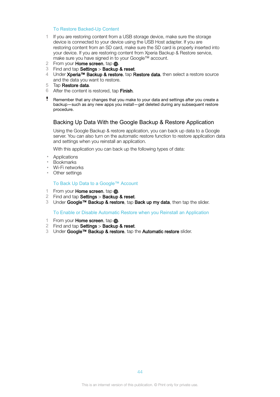 Sony Xperia XA1 User Manual | Page 44 / 130