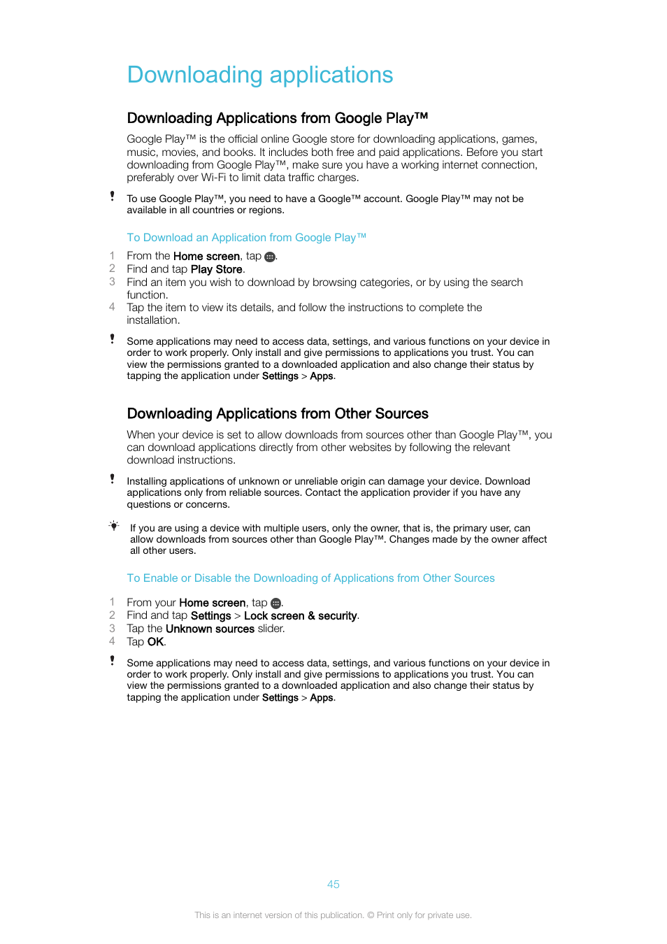 Downloading applications, Downloading applications from google play, Downloading applications from other sources | Sony Xperia XA1 User Manual | Page 45 / 130