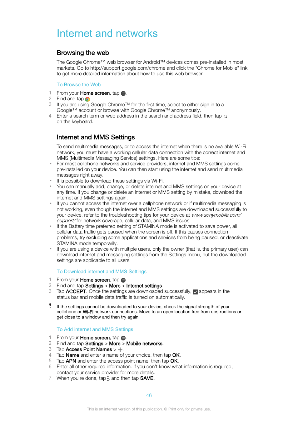 Internet and networks, Browsing the web, Internet and mms settings | Sony Xperia XA1 User Manual | Page 46 / 130