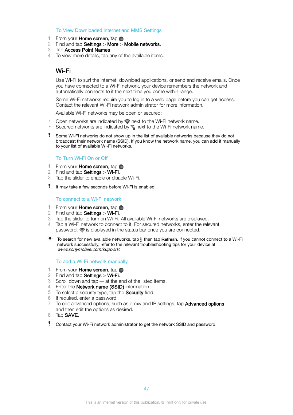 Wi-fi | Sony Xperia XA1 User Manual | Page 47 / 130