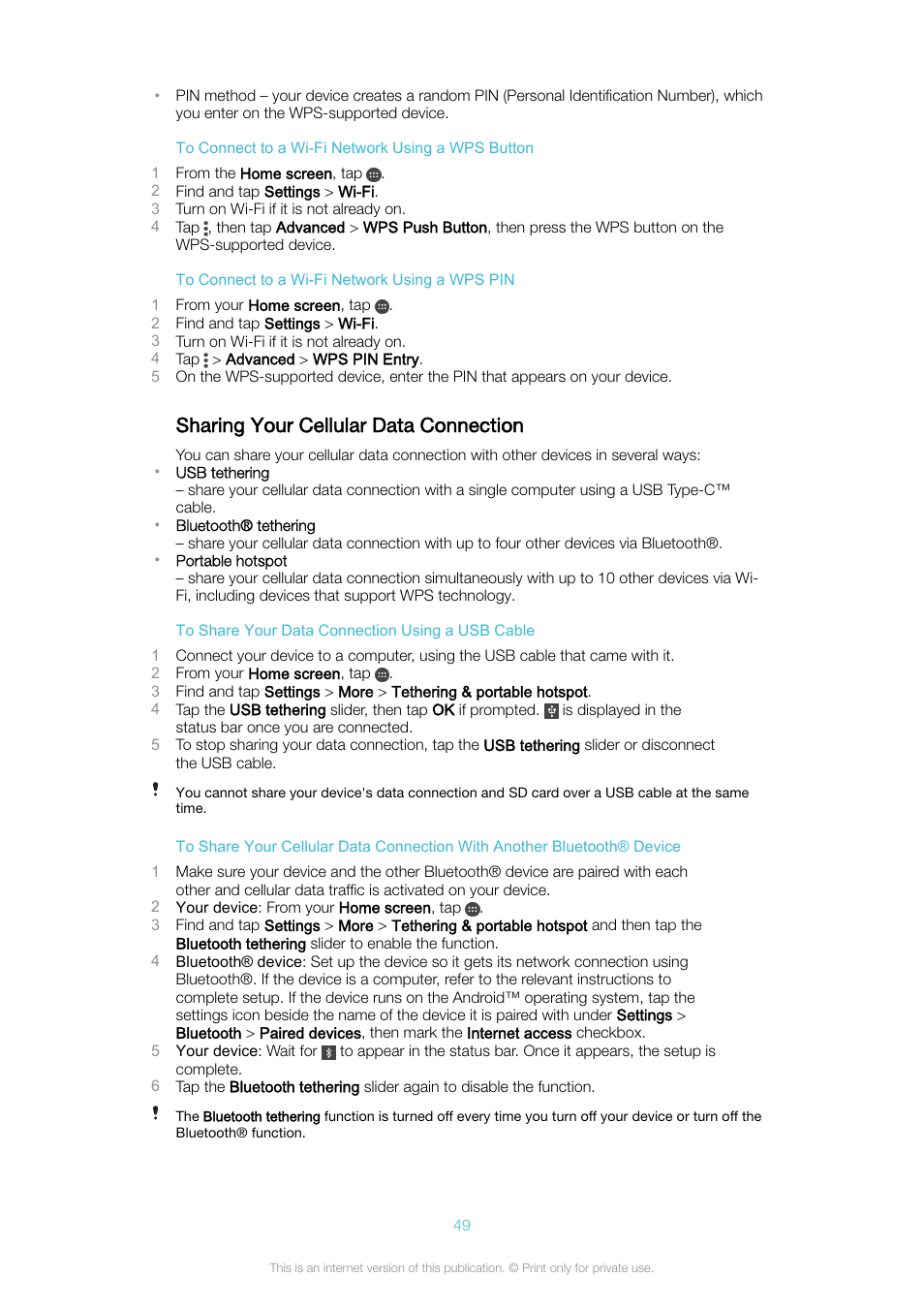 Sharing your cellular data connection | Sony Xperia XA1 User Manual | Page 49 / 130