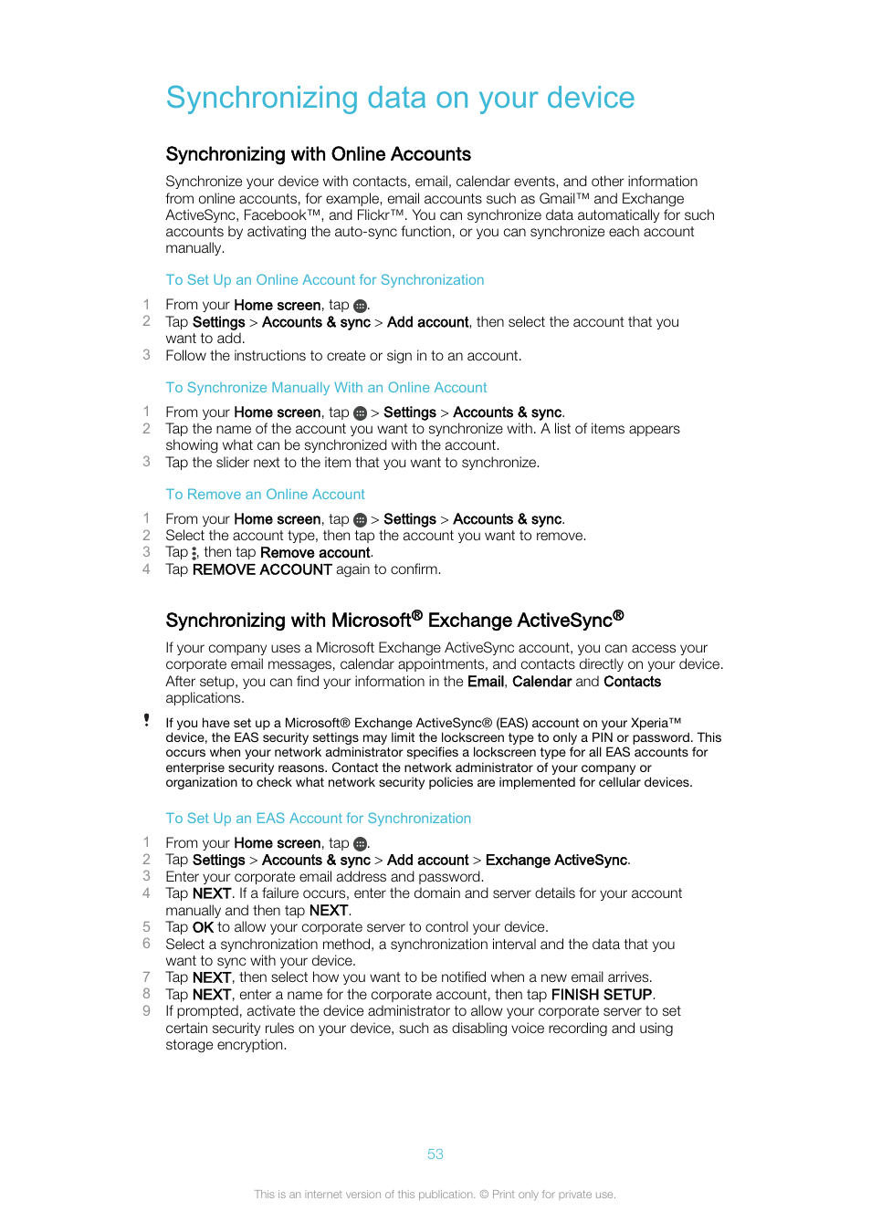 Synchronizing data on your device, Synchronizing with online accounts, Synchronizing with microsoft® exchange activesync | Synchronizing with microsoft, Exchange activesync | Sony Xperia XA1 User Manual | Page 53 / 130