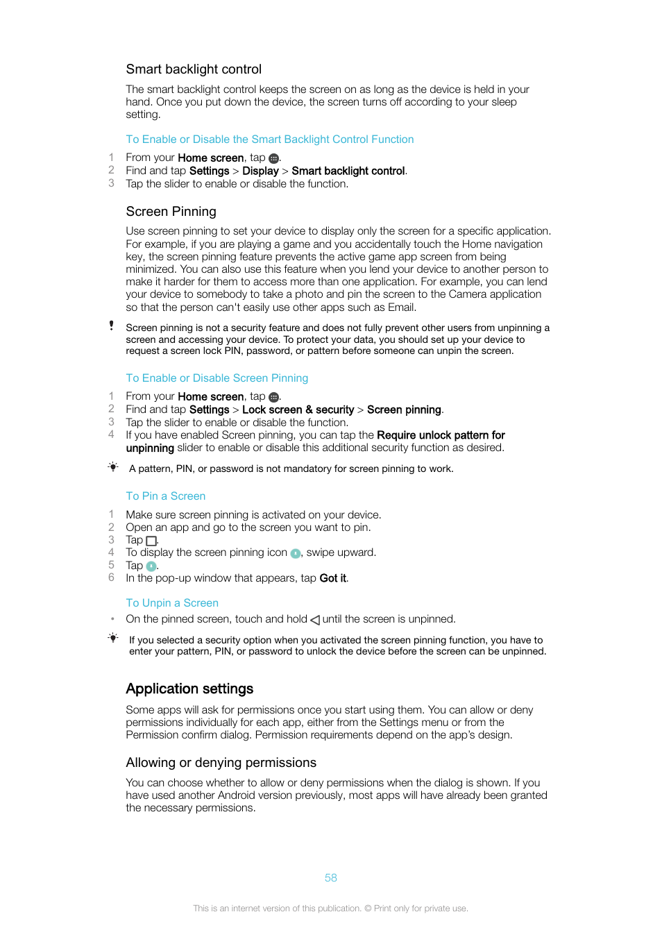 Application settings, Application, Settings | Sony Xperia XA1 User Manual | Page 58 / 130