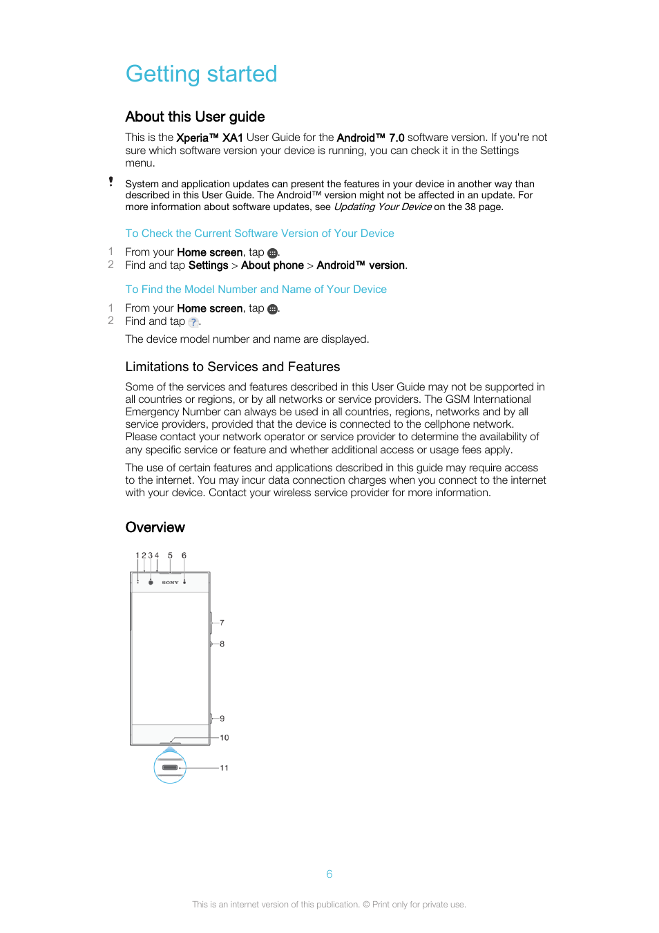 Getting started, About this user guide, Overview | About this user guide overview | Sony Xperia XA1 User Manual | Page 6 / 130