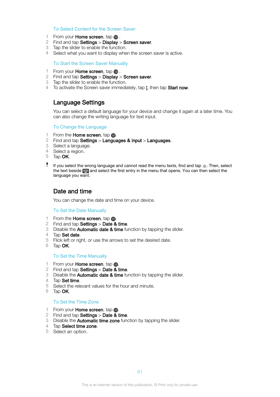 Language settings, Date and time, Language settings date and time | Sony Xperia XA1 User Manual | Page 61 / 130