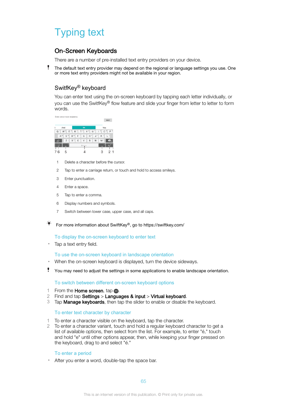 Typing text, On-screen keyboards, Switfkey | Keyboard | Sony Xperia XA1 User Manual | Page 65 / 130