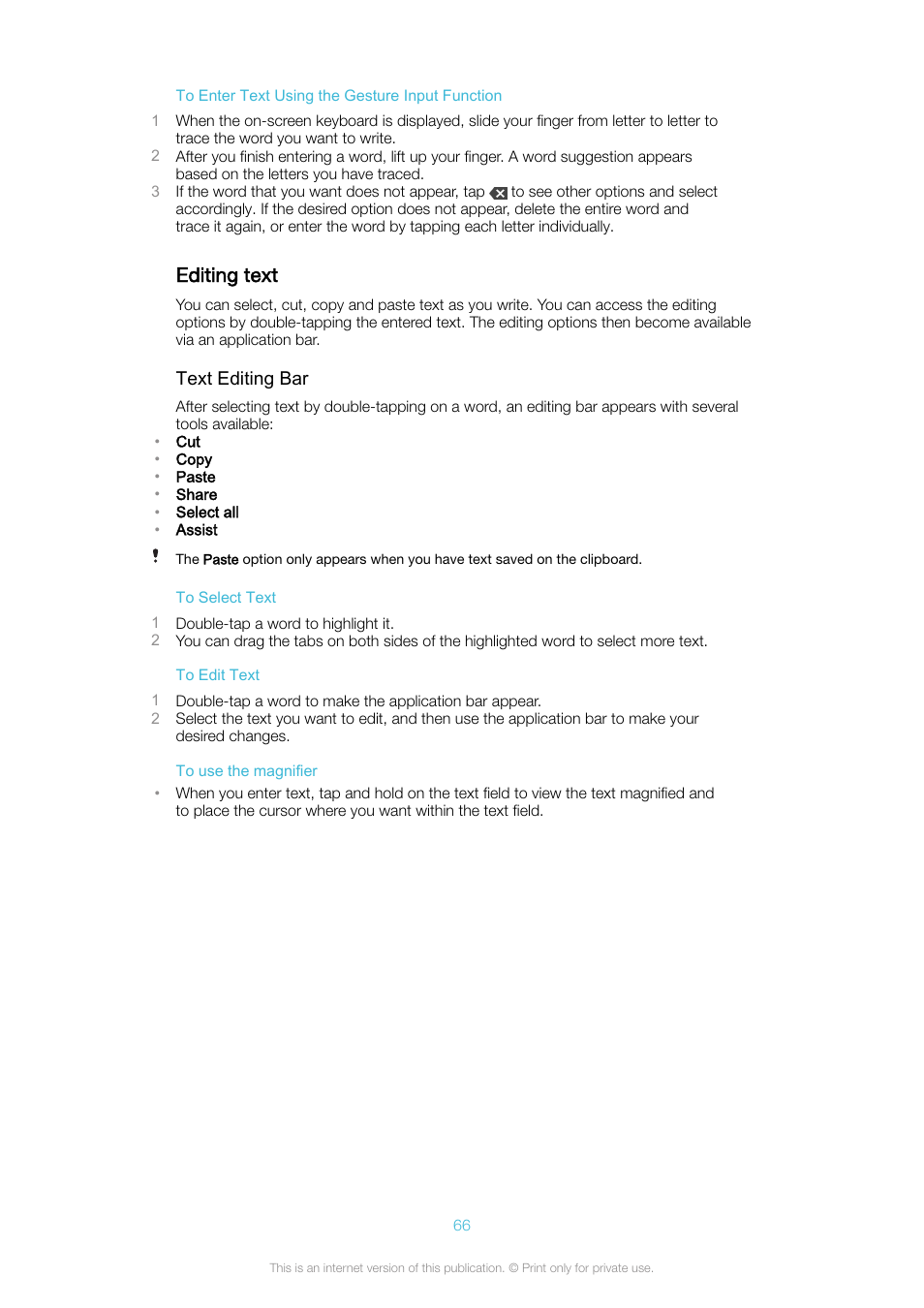 Editing text | Sony Xperia XA1 User Manual | Page 66 / 130