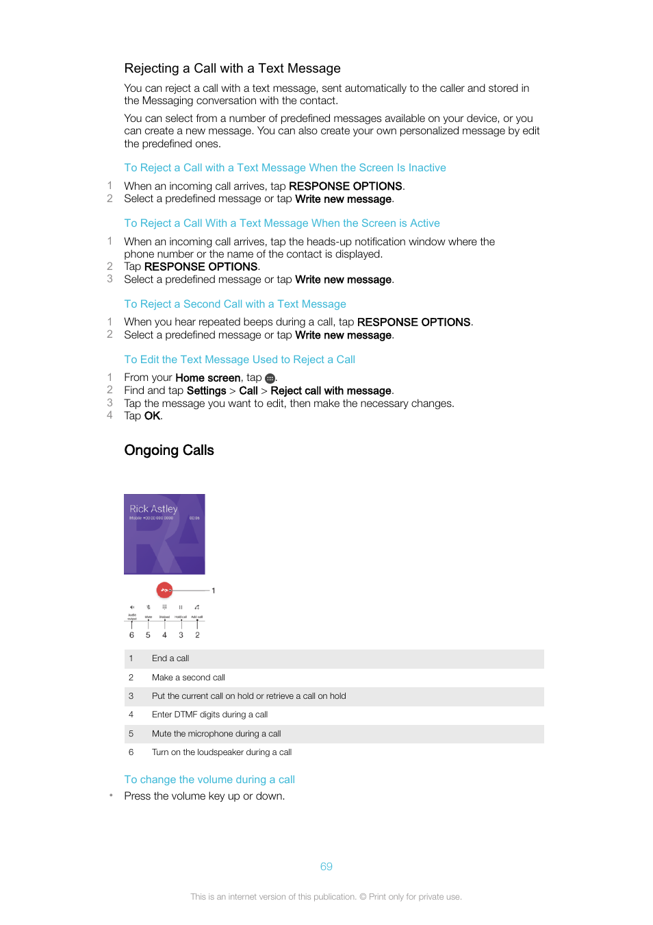 Ongoing calls, Rejecting a call with a text message | Sony Xperia XA1 User Manual | Page 69 / 130
