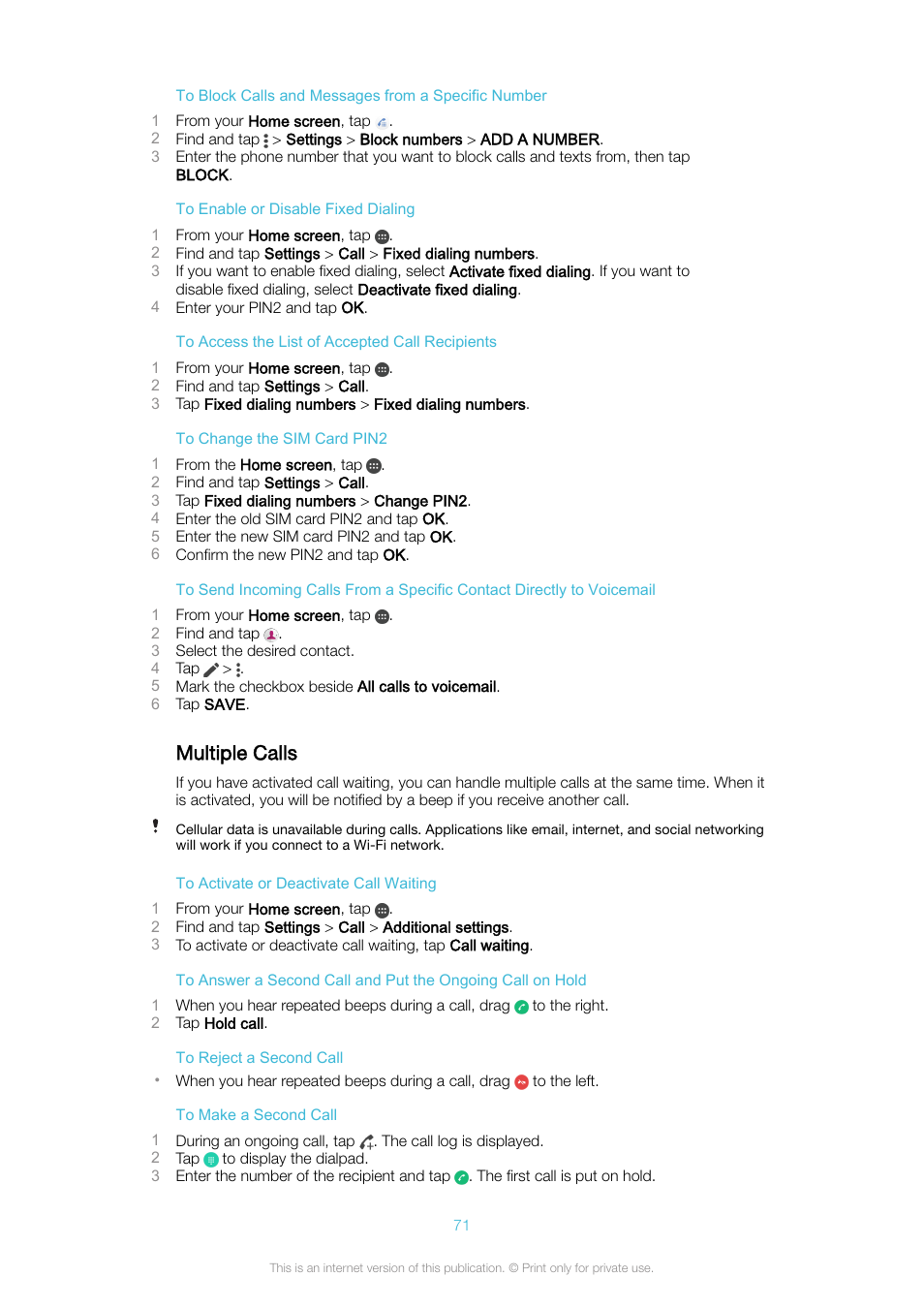 Multiple calls | Sony Xperia XA1 User Manual | Page 71 / 130