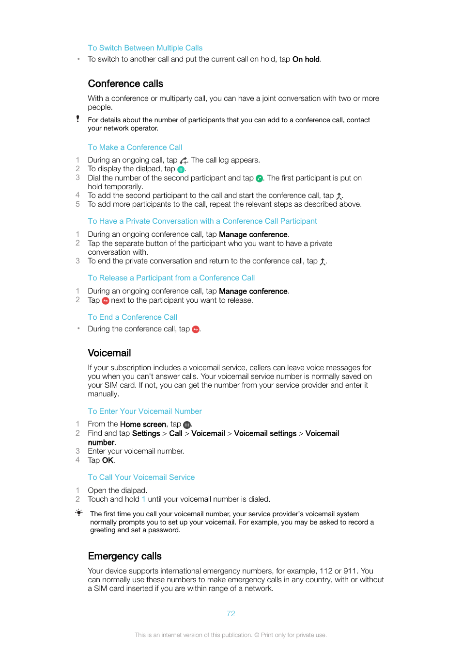 Conference calls, Voicemail, Emergency calls | Conference calls voicemail emergency calls | Sony Xperia XA1 User Manual | Page 72 / 130